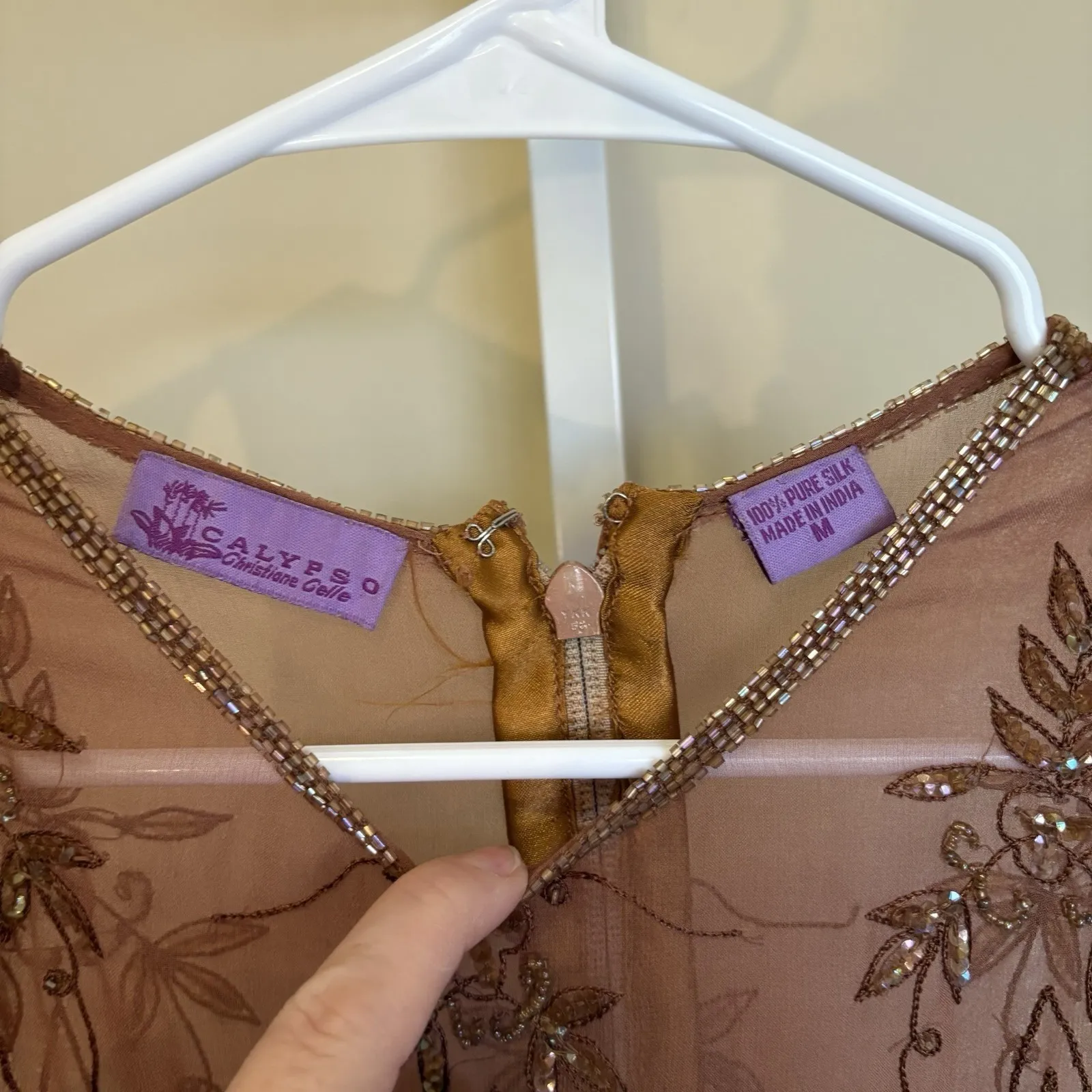 Calypso Brown Silk Beaded Top Medium‎ Sleeveless Feminine Dainty Elegant Formal - Image 4