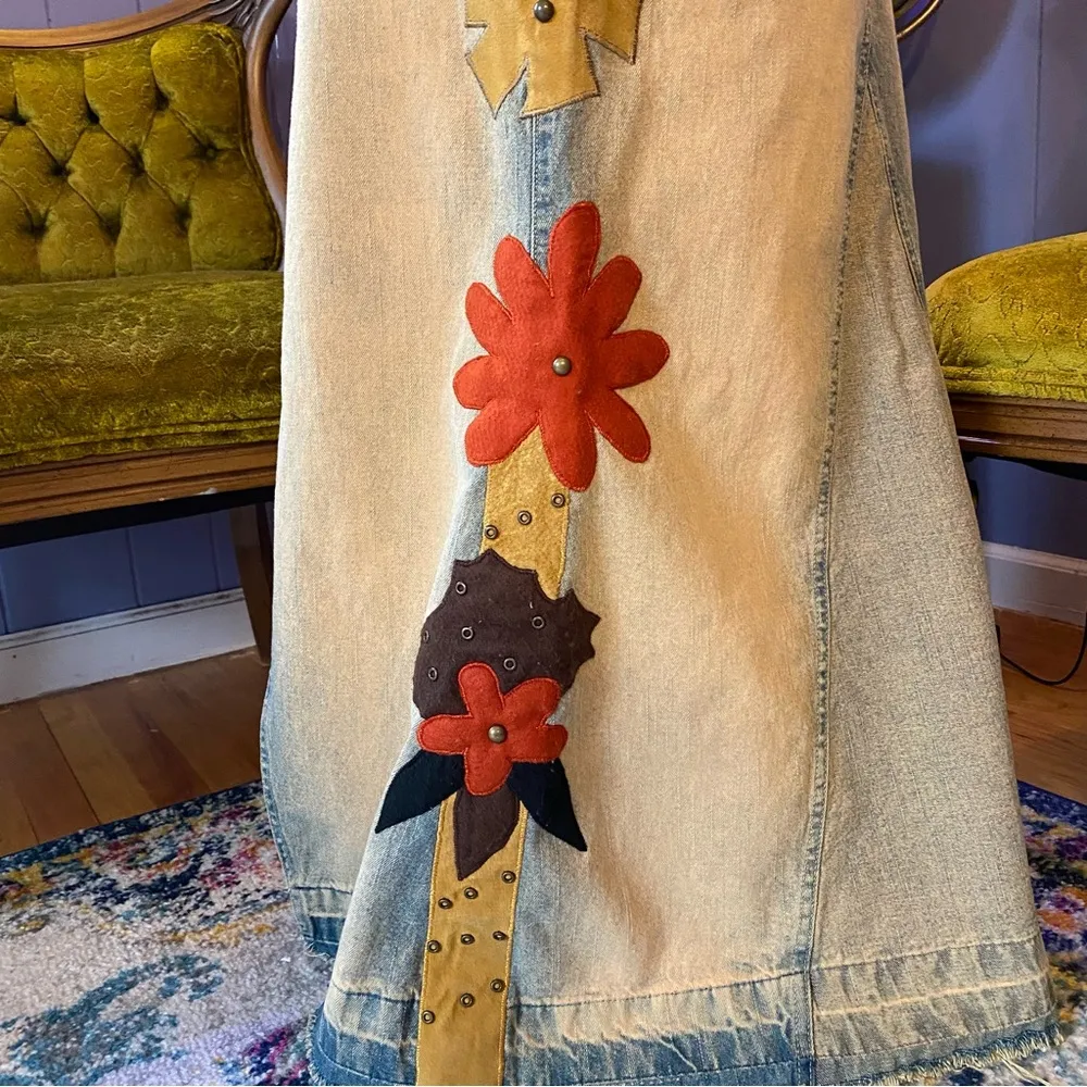 Vintage 90s/Y2K RARE Road Cat Suede And Felt Patchwork Maxi Denim Skirt Size M Size M - Image 8