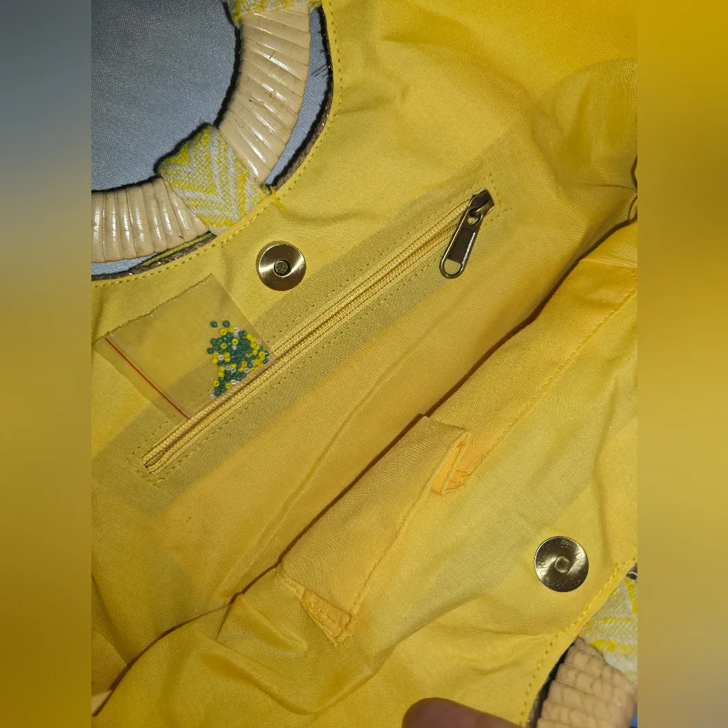 America & Beyond Beaded Lemon Yellow Chevron Fabric Circular Handle Tote Bag - Image 11