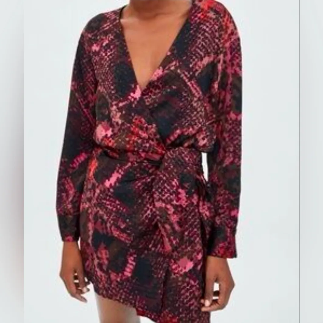 Zara Red And Black Animal Snake Print Mini Wrap Dress Size XS - Image 2