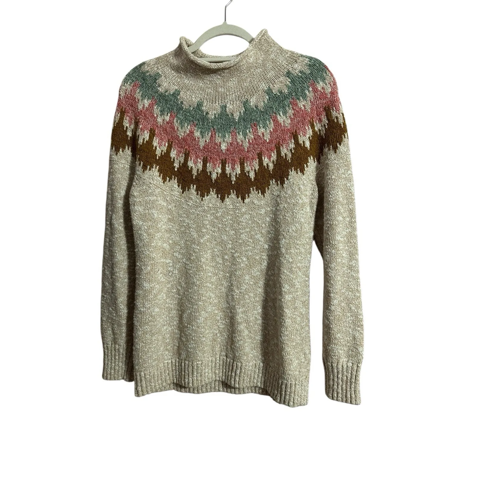 LL Bean Sweater Womens Extra Large Beige Fair Isle Cotton Chunky Knit Mock Neck Size XL - Image 2
