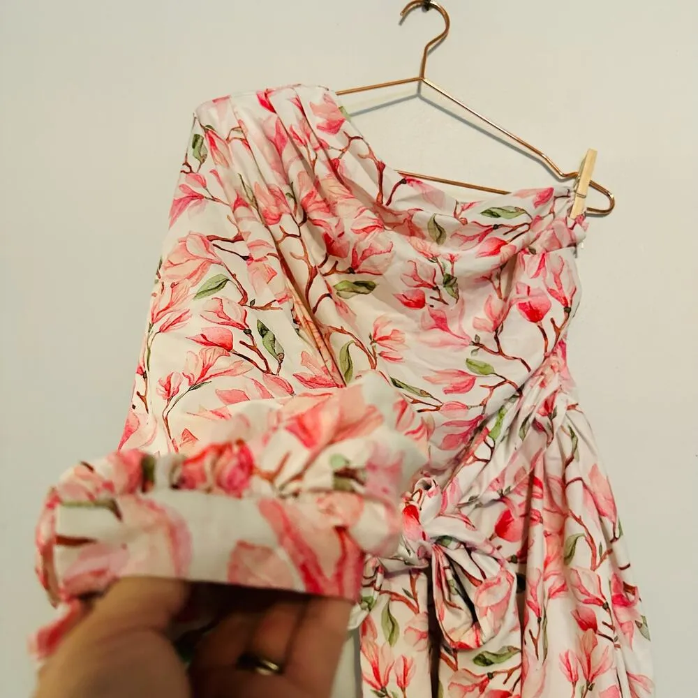 BRONX AND BANCO Layla Floral Pink White One Shoulder Silk Bow Mini Dress Size S - Image 9