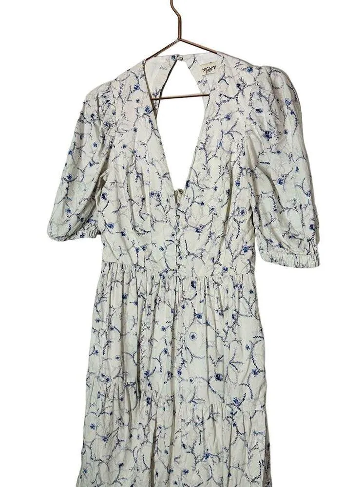 Nicholas Celie White Blue Floral Button Front Print Puff Sleeve Maxi Dress Sz 6 - Image 4