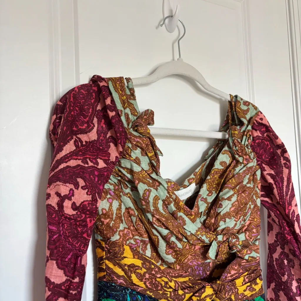 Zimmermann Tiggy Bow Cold Shoulder Paisley Mini Dress Linen - Image 9