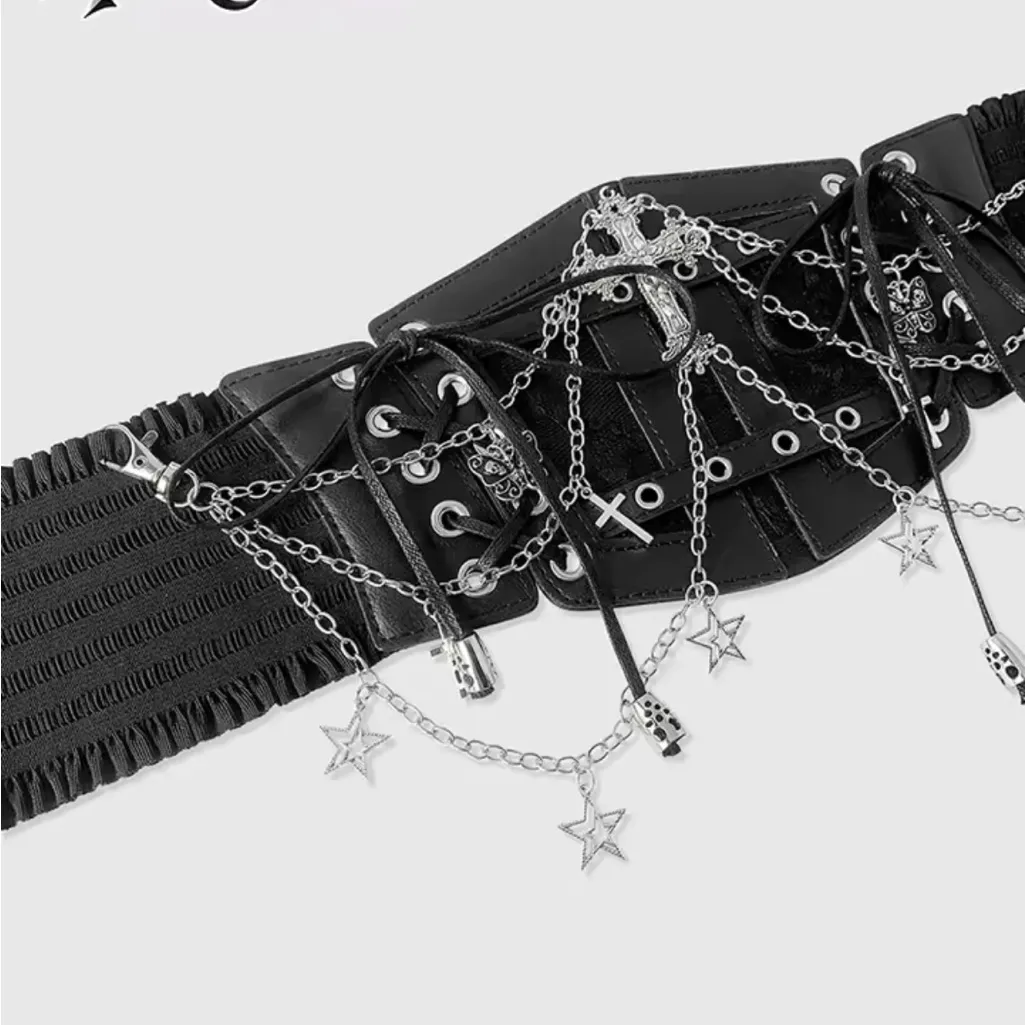 Black Gothic Corset Belt with Silver Chains - Image 4