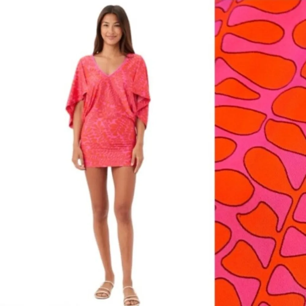 TRINA TURK PINK ORANGE PRINT STRETCH SWIM VNECK POPOVER COVERUP L - Image 2