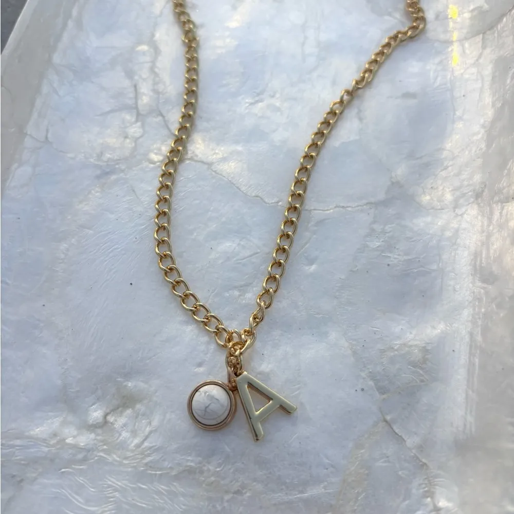 Gold A Initial Necklace with White Stone Charm - Image 4