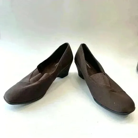 George‎ Heels Womens 6 Comfort Start Loafers Pumps Wedge Black Fabric Slip On Brown - Image 8