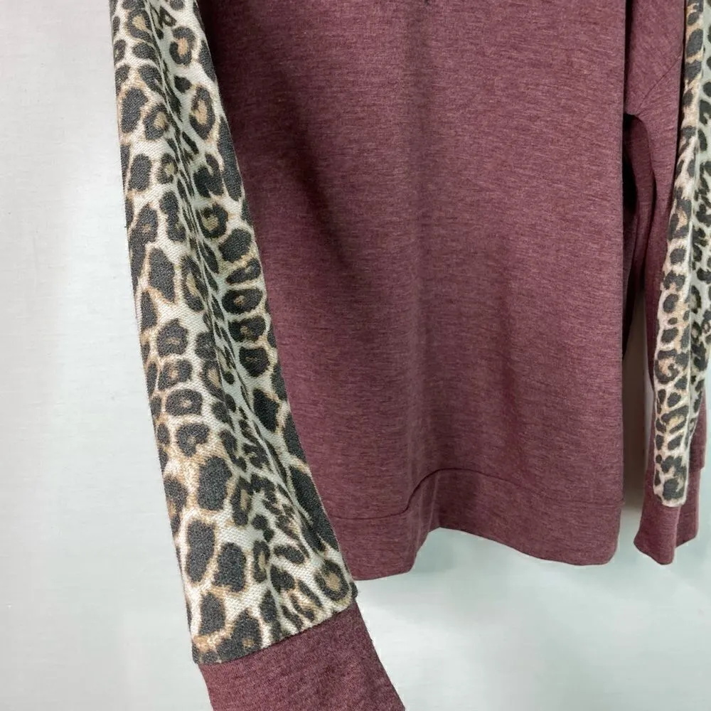 NWT First Love Brushed Fleece Leopard Patchwork Long Sleeve (Burgundy) - Large - Image 5