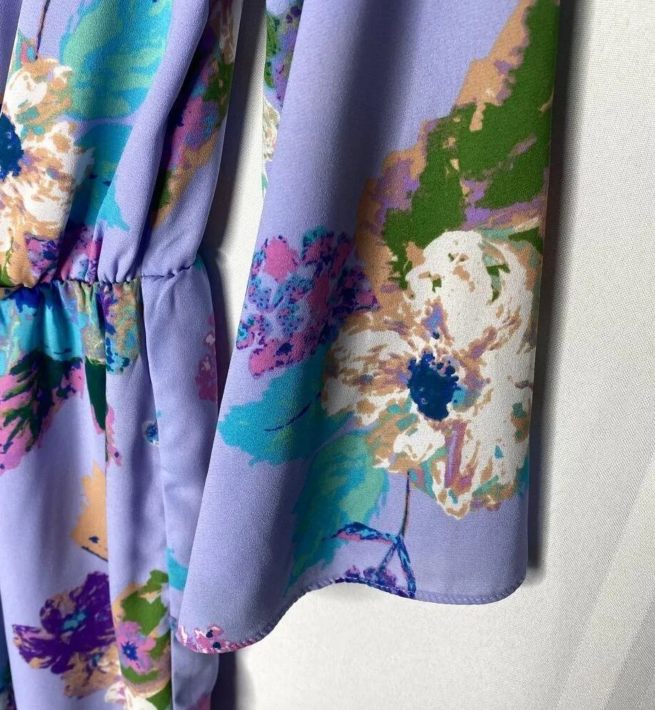 everly Floral Pleated 3/4 Sleeve V-Neck Ruffle Romper Medium Purple Lightweight - Image 5