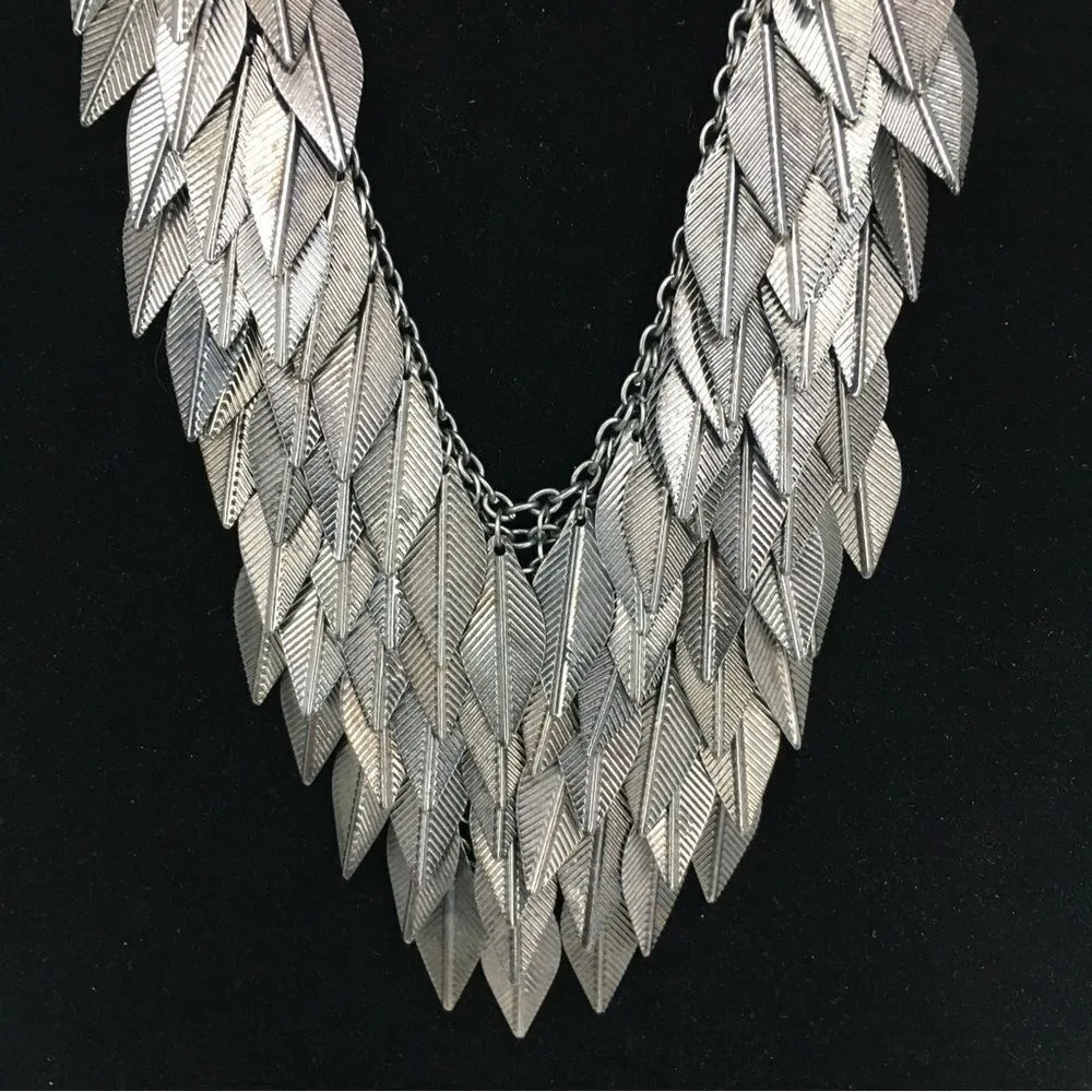 Vintage Metal Art Leaf Layered Waterfall Bib Statement Necklace Silver - Image 4
