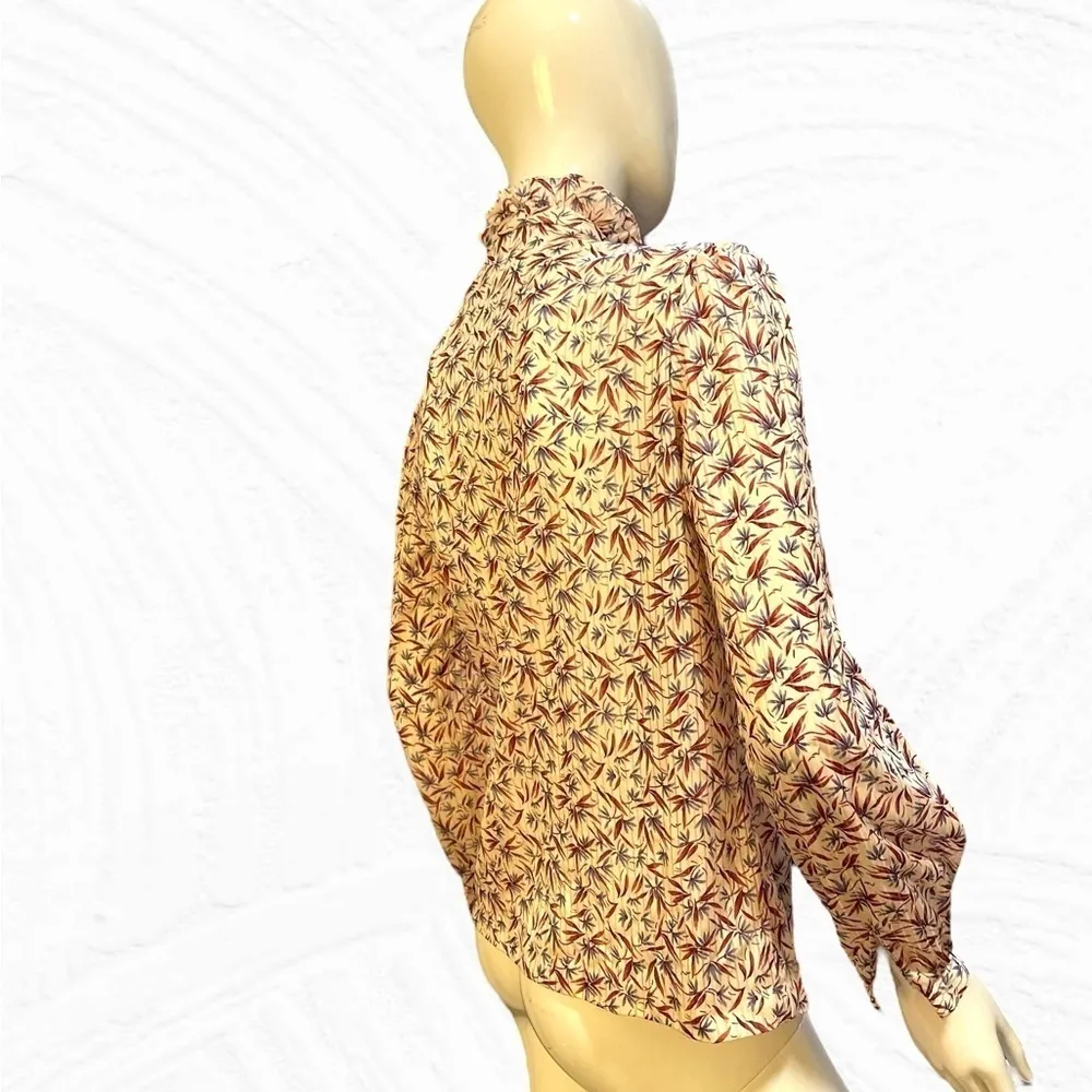 Vintage 70s Ruffle High Collar Floral Print Button Down Ivory Shirt Medium Red - Image 6