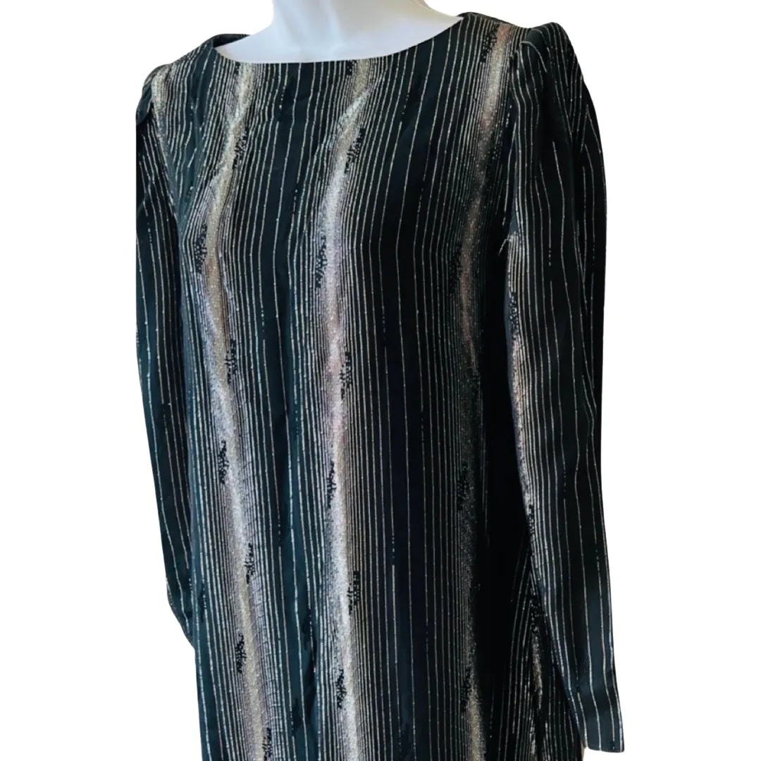 Vintage 80s Black Gold Silver Shimmer Long Sleeve Dress size 7 / 8 Shangri La - Image 6