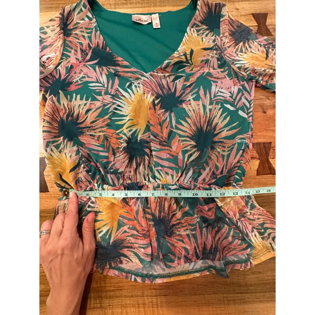 Women's Willow-Root Green Pink Tropical Print Blouse M - Image 8