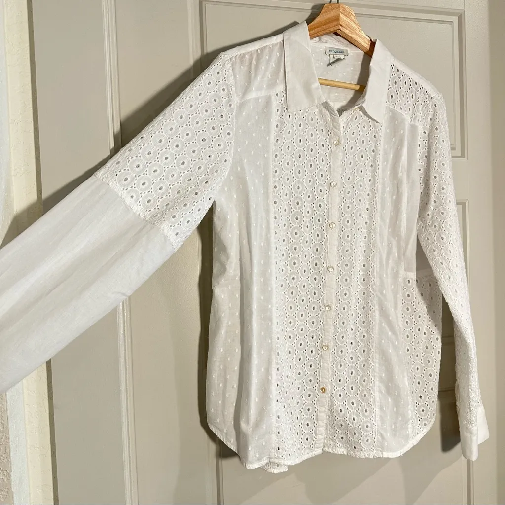 Sundance‎ White Cotton Eyelit Long Sleeve Top Size Large - Image 2