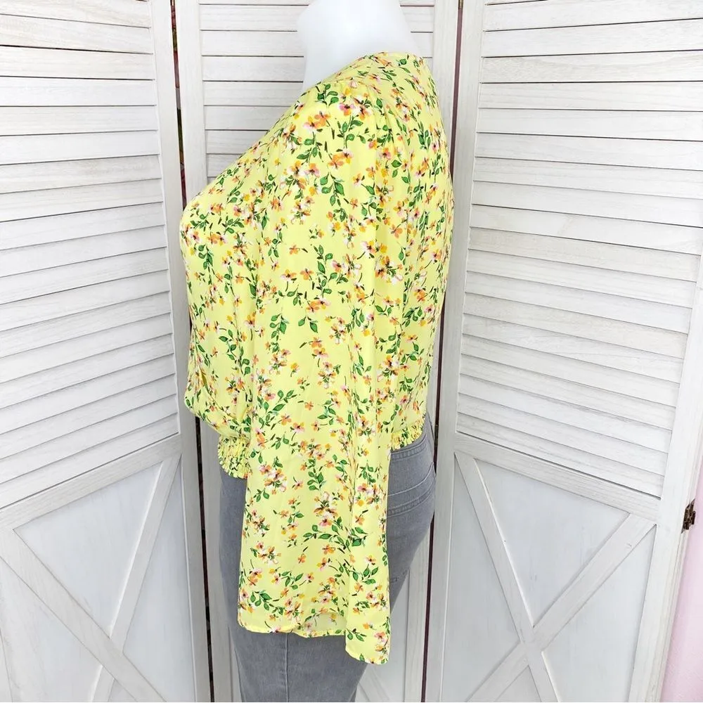 For The Republic Floral Bell Sleeve Surplice Blouse Yellow Large - Image 3