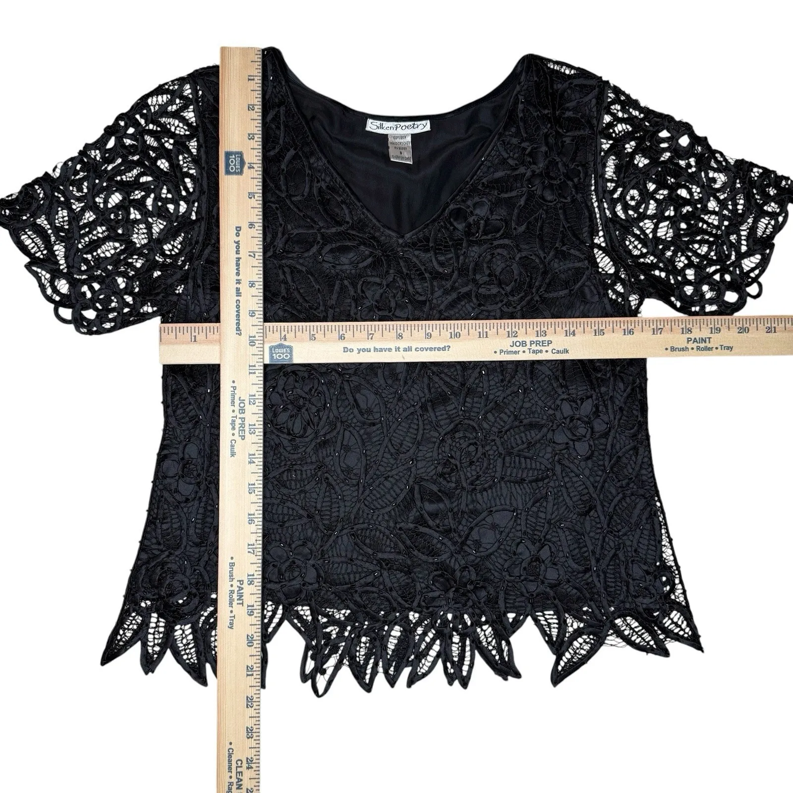 Vintage Silken Poetry S‎ Silk Black Beaded Crochet Lace Top Whimsigoth Fairy - Image 7