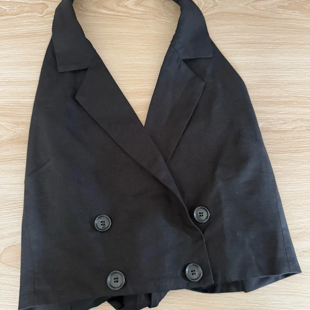 Banana Republic Medium Crop Linen Halter Suit Shirt Black Minimal Tie Office - Image 4