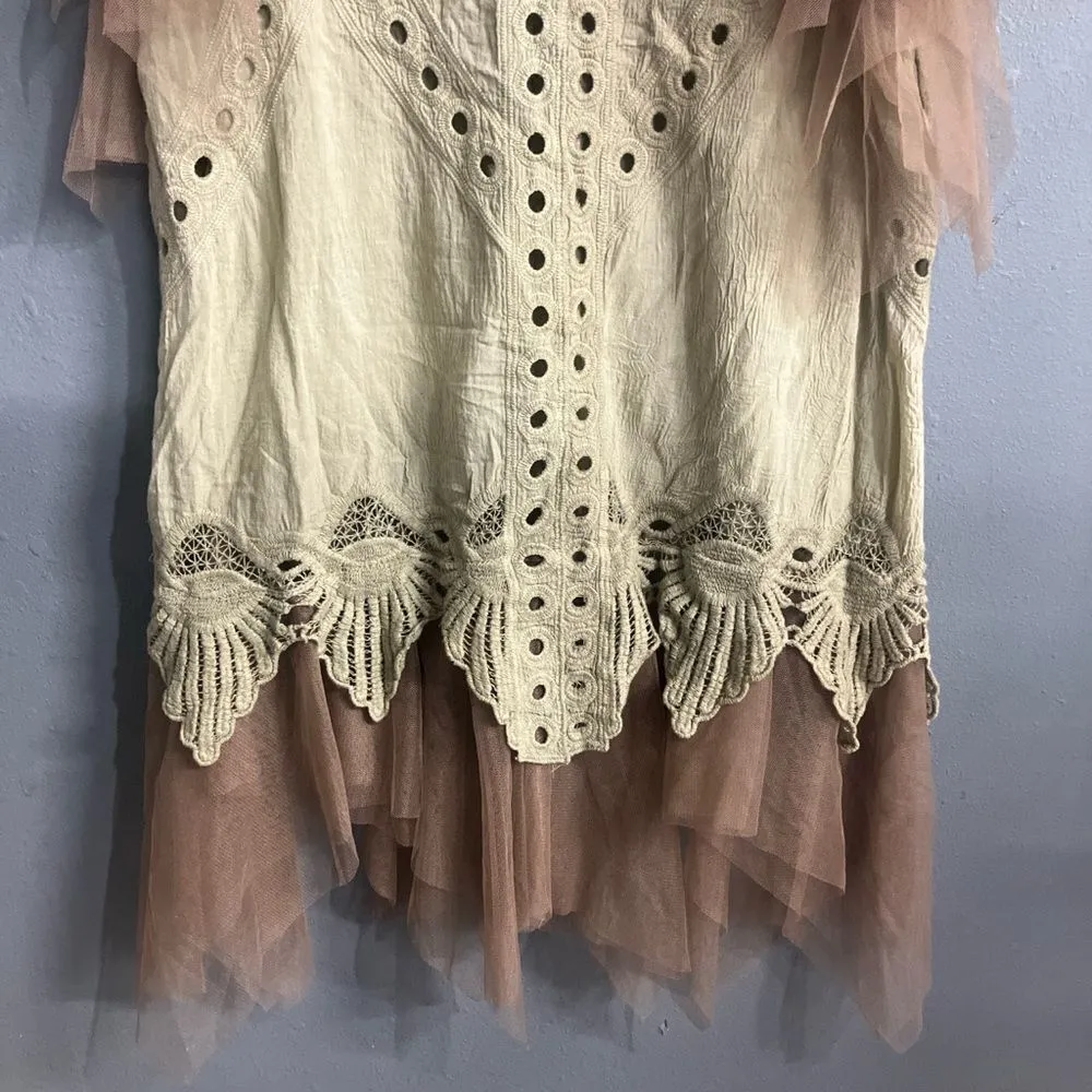 Elegant cream and tan tulle eyelet fairycore whimsygoth tinkerbell tunic M/L #73 - Image 4