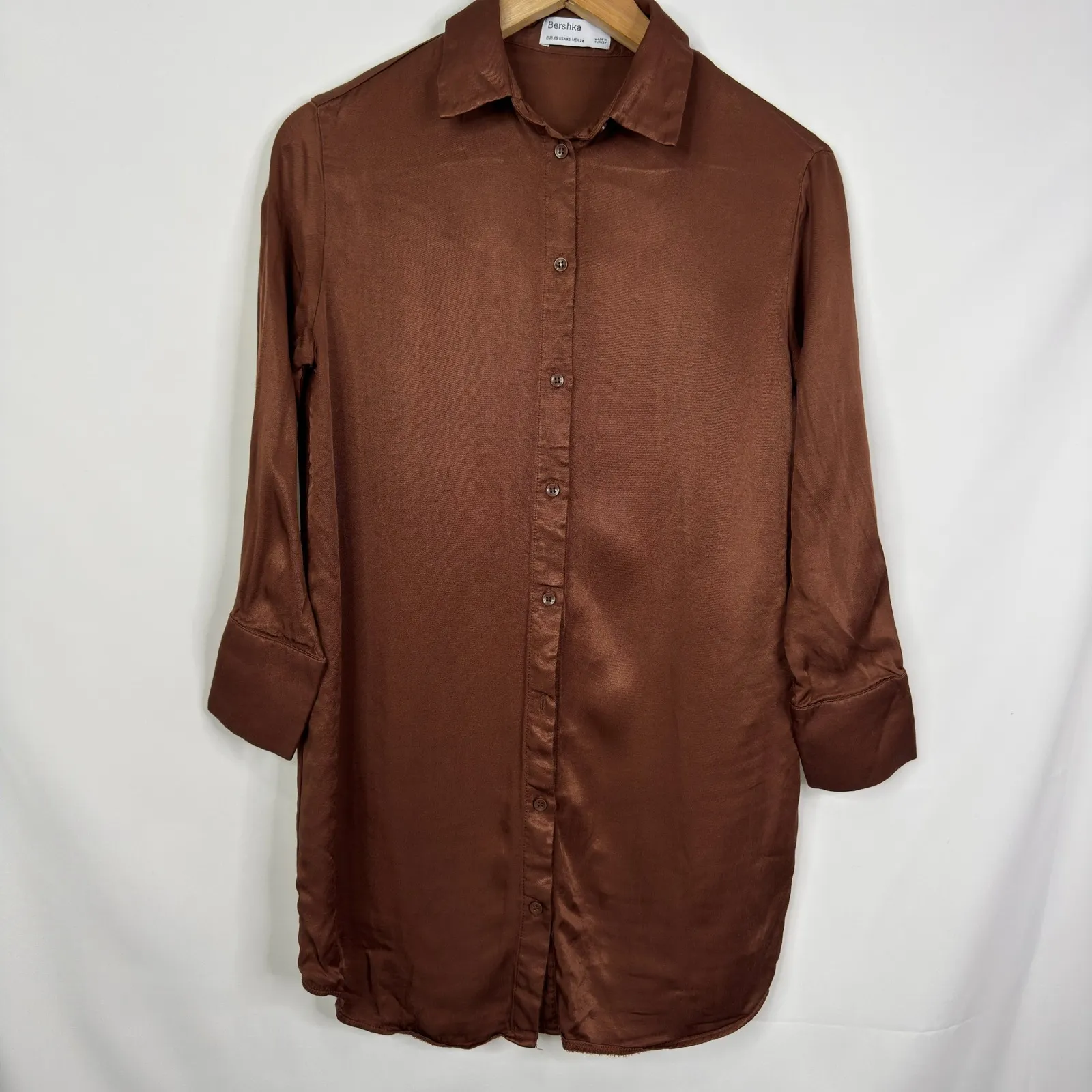 Bershka Satin Button Down Shirt Dress Brown Long Sleeve Tunic NO BELT Sz XS - Image 2