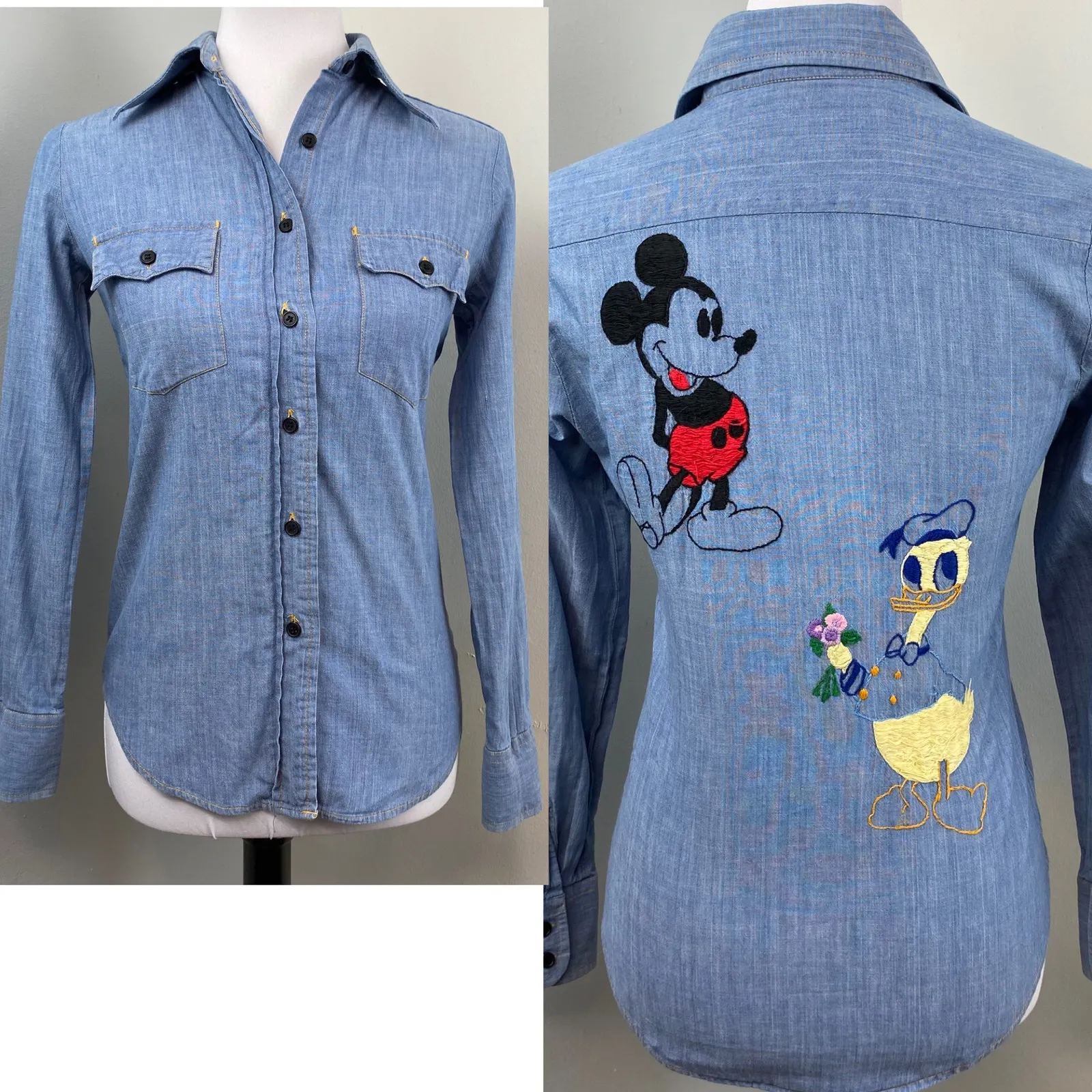 Vintage 70s Moody's Goose Disney Embroidered Chambray Denim Button Down Top Blue - Image 2