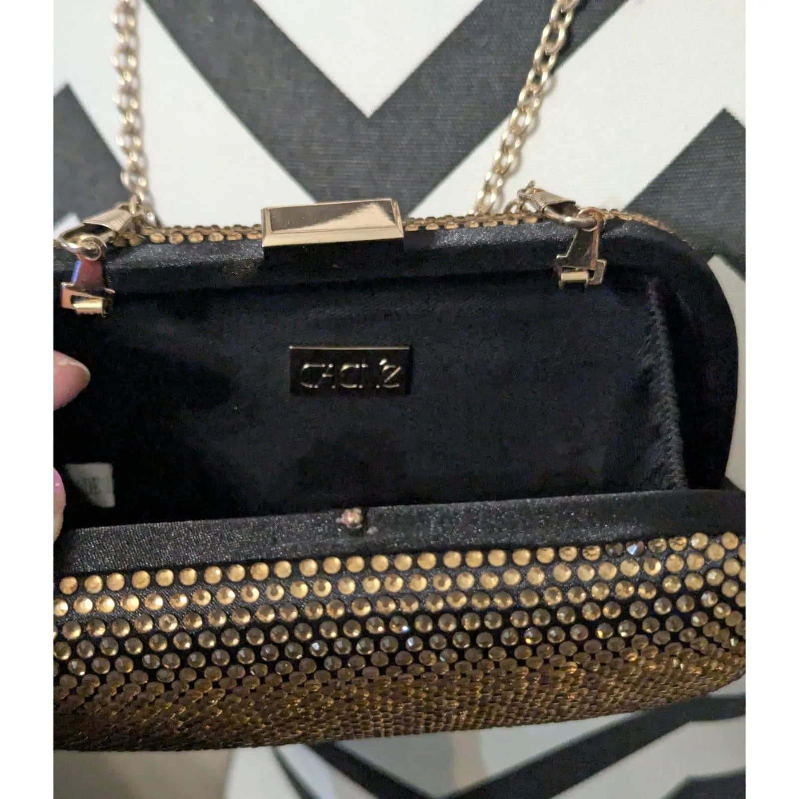 Vintage Caché Gold Rhinestone Crystal Clutch Handbag - Image 4