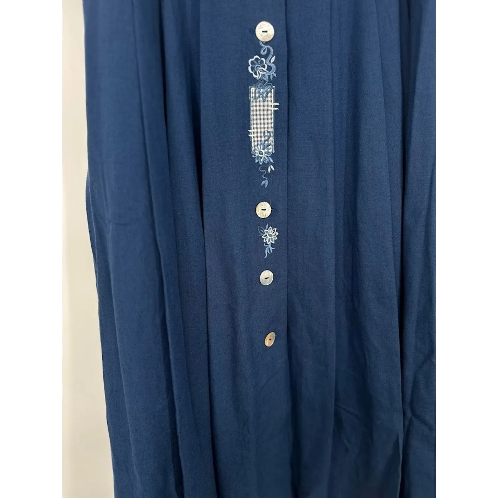 VTG PERRY LANDHAUS Pleated Maxi Skirt Linen Blend Blue Cottage Gingham Size 10 - Image 3