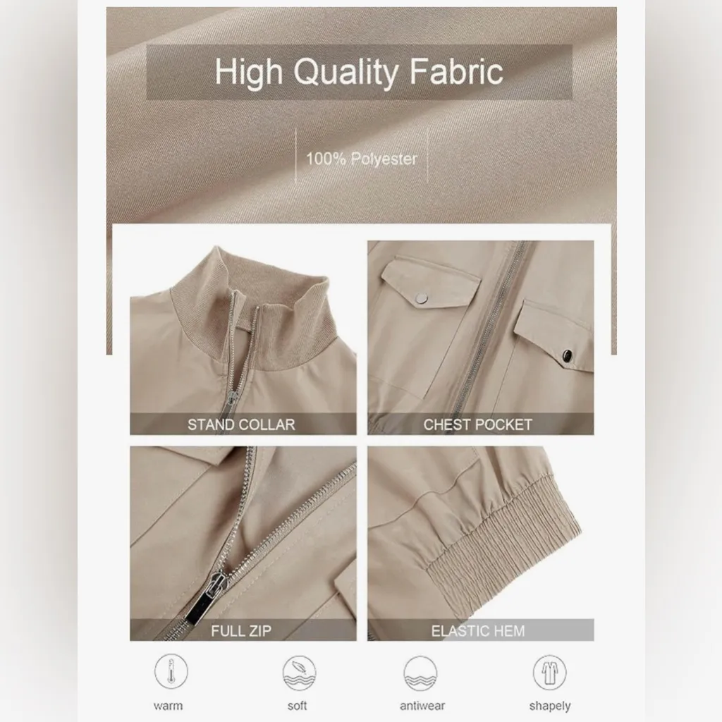NEW Crop Bomber Jacket Lightweight Zip Up Stand Collar Short Jacket Pockets M Tan Size M - Image 7