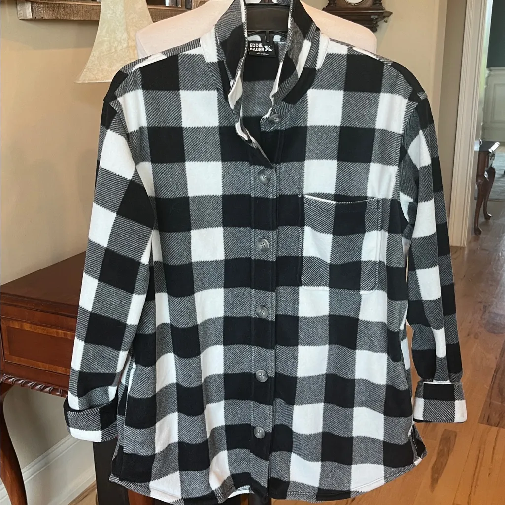 Eddie Bauer Micro fleece Button Up Shirt Black White Buffalo Check Oversized - Image 3