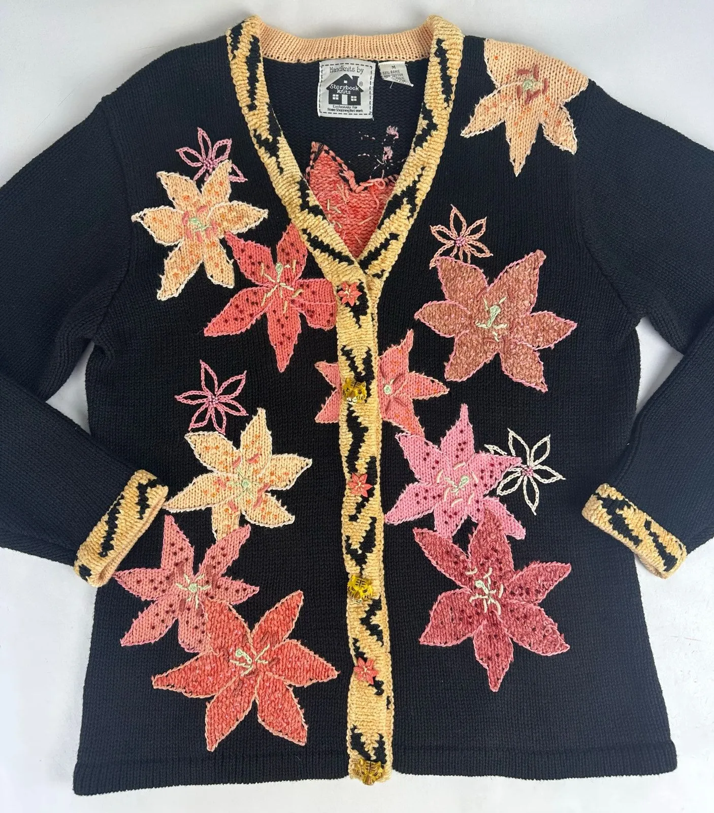 Storybook Knits Tiger Lily Size Medium Cardigan Sweater Cottage Granny Boho Black - Image 1