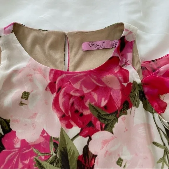 Eliza J Floral Swing Flutter‎ Sleeve Cold Shoulder Sheath Cocktail Dress Size 4 - Image 5