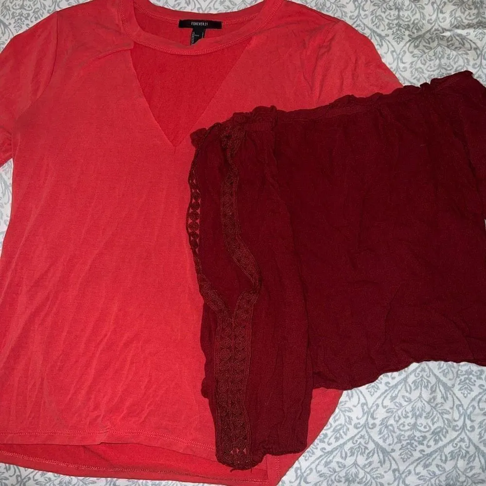 2 red shirts bundle set keyhole cutout t-shirt, and off the shoulder lacy eyelet - Image 2