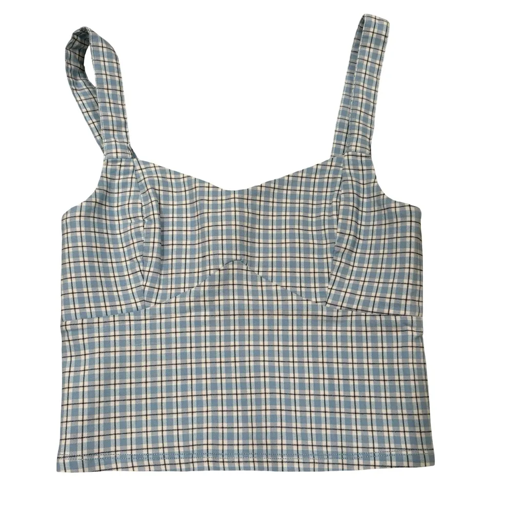 NWT, Hollister Blue Fitted Stretch Crop Tank Top, Blue and White Plaid, Sz S - Image 6