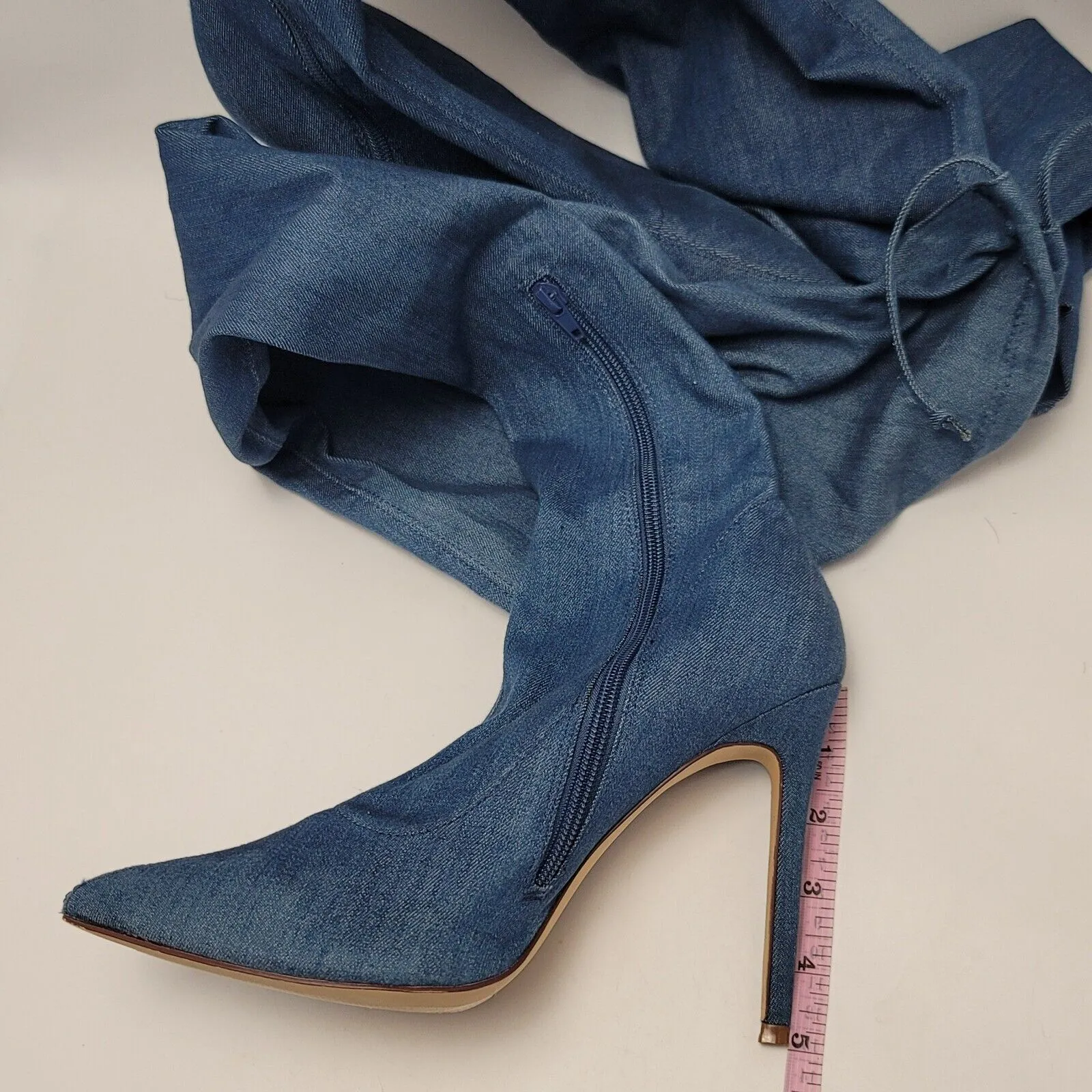 Liliana Womens Blue Denim Thigh High Stretch Stilettos Heels Zip Boots Size 10 - Image 4