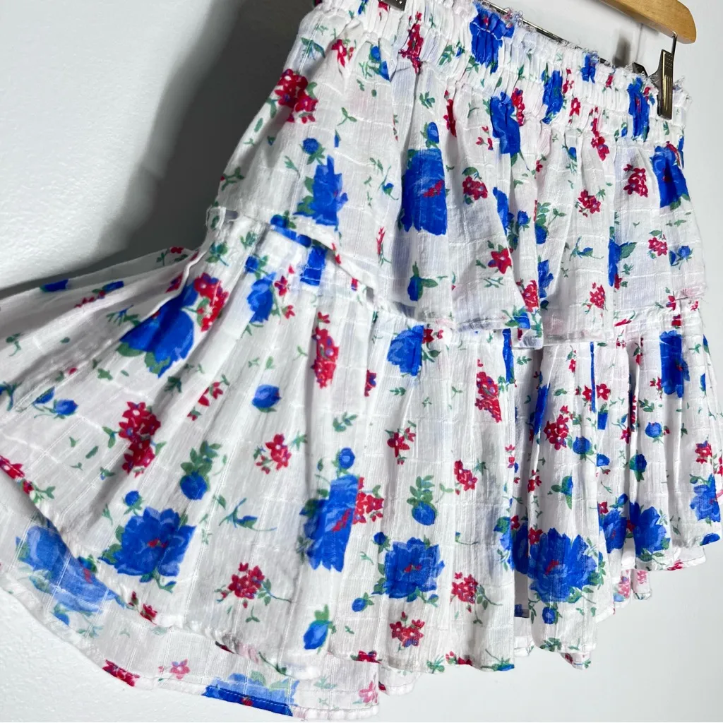 LoveShackFancy Ruffle Tiered Mini Skirt Blue Notte Floral Sz XS Red - Image 4