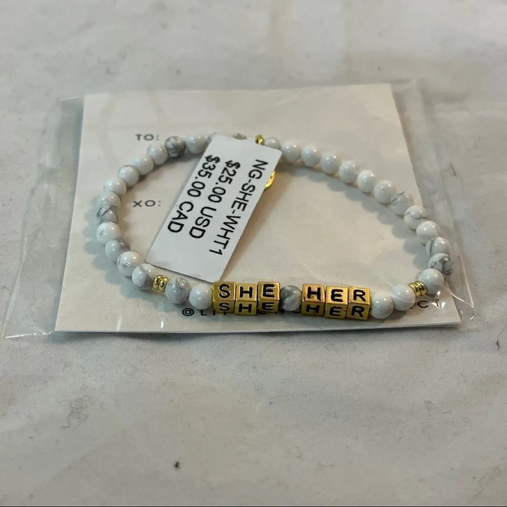 Little Words Project Bracelet She Her Stretch Beaded Gold Marble Neutral Casual White - Image 3