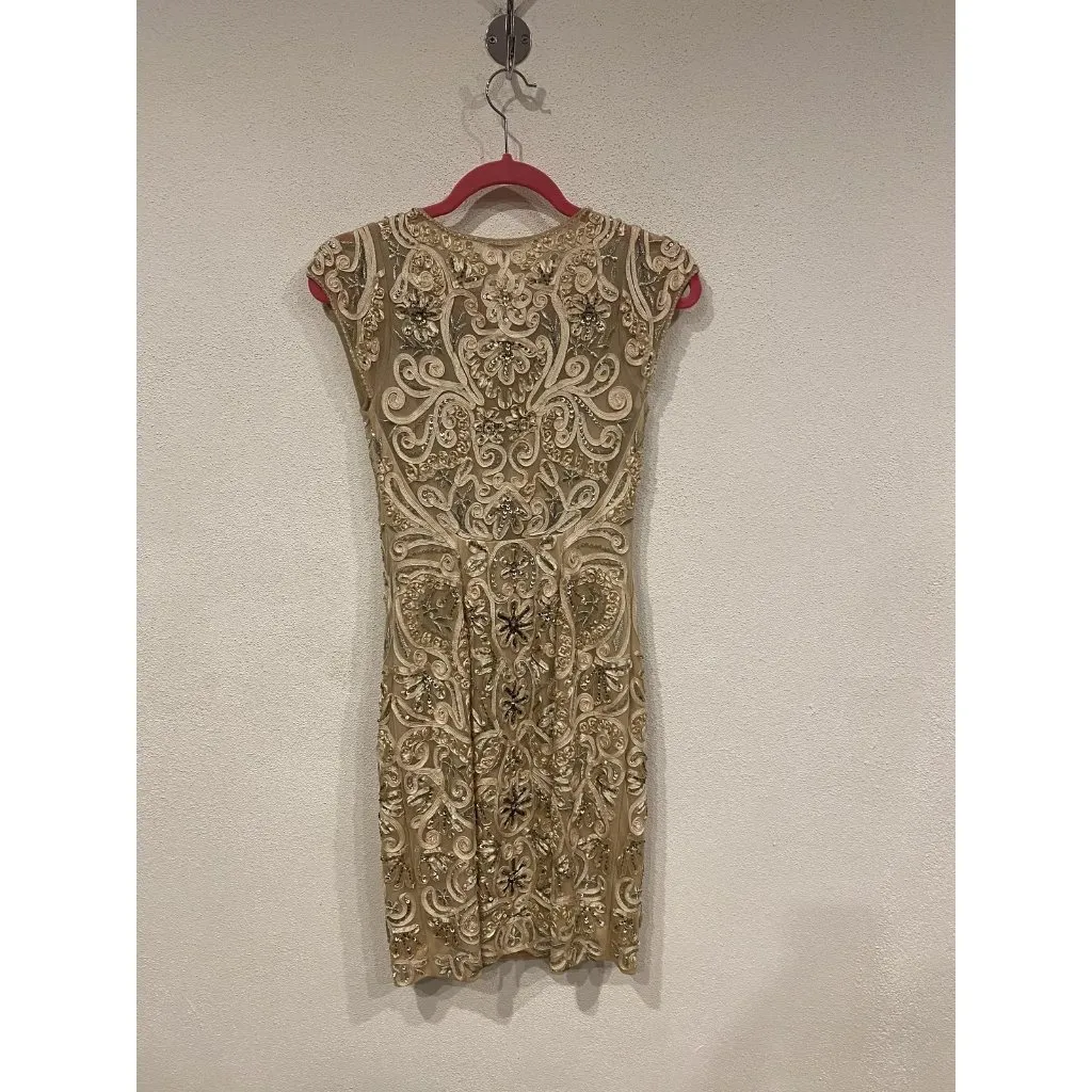 Sue Wong Nocturne Dress Womens 4 Gold Beaded Sequin Embellished Sheath Cocktail - Image 4