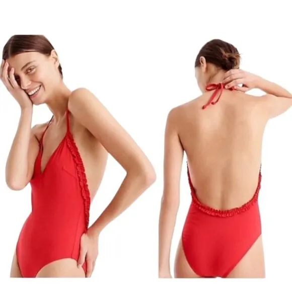 J. Crew Halter One Piece Swimsuit in Red NEW Size 10 Low Back - Image 2