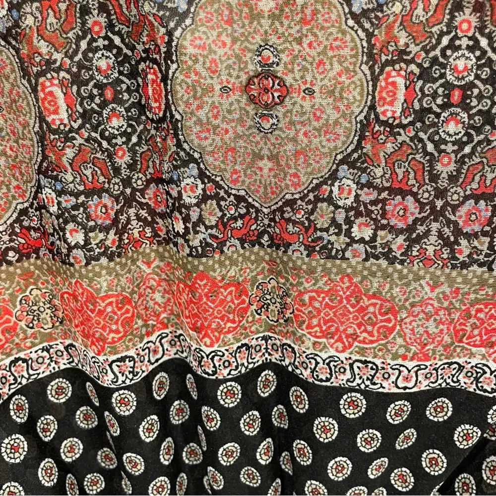 Groovy Vintage 70’s boho sheer paisley ruffle dress elastic waist tie neck midi Red Size M - Image 7