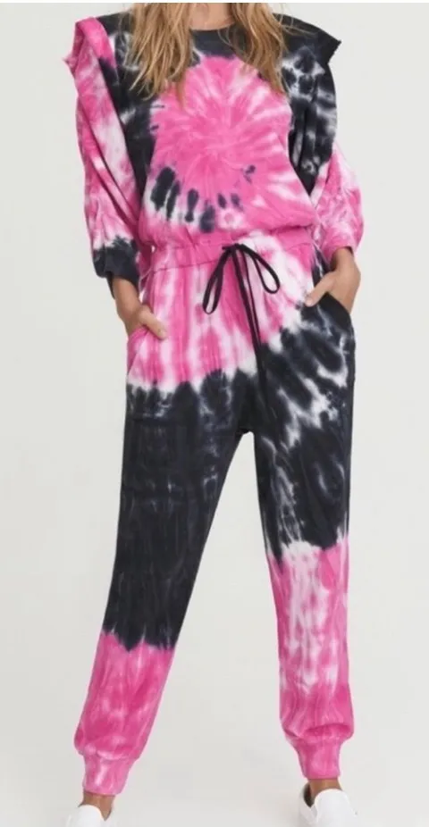Something Navy Meghan Tie Dye Ruffle Sleeve Jumpsuit Pink Black Cotton XS - Image 1