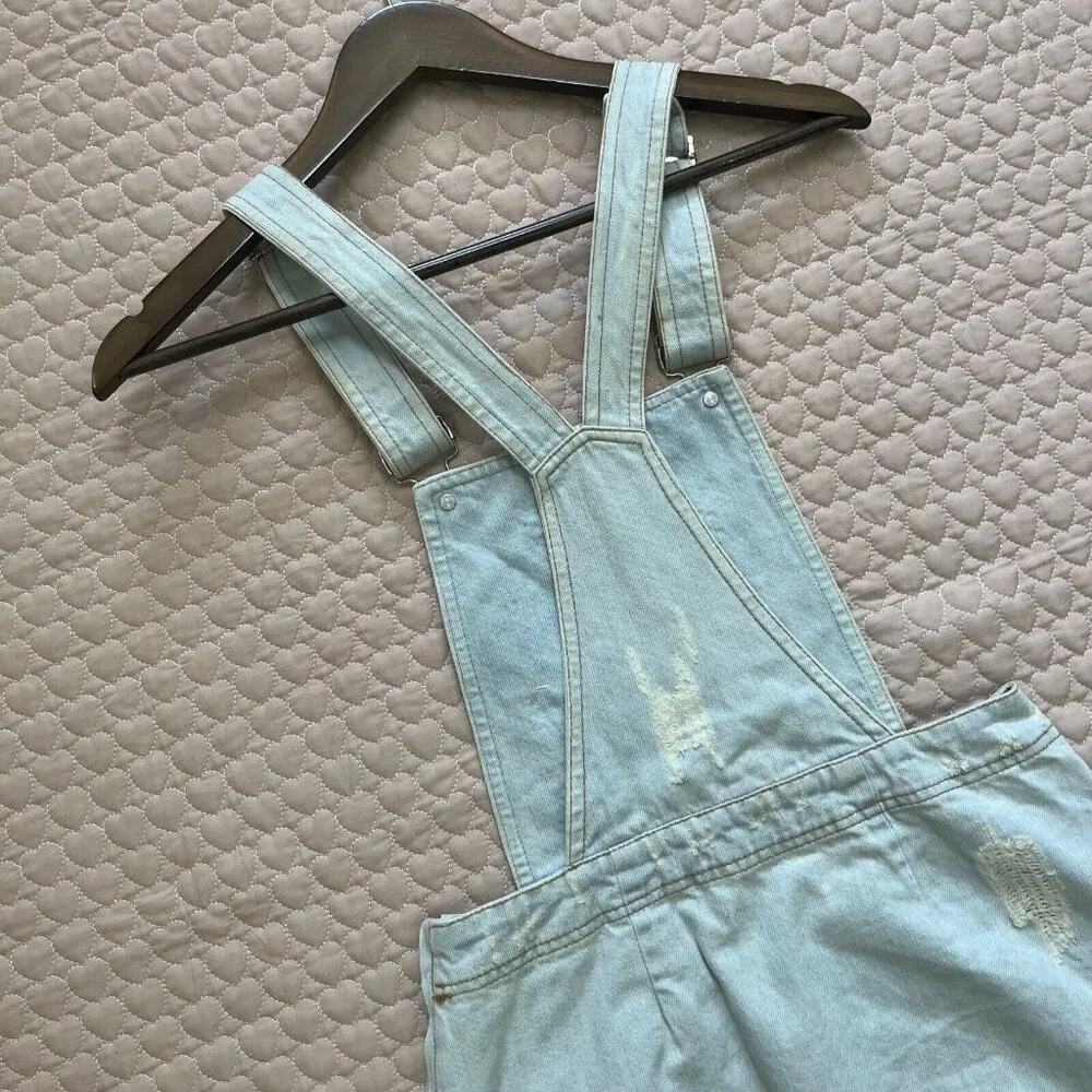 MSGM Denim Overall Jumper Dress Mini Women's Distressed Sz 36 Beaded 3D Flowers Blue - Image 9