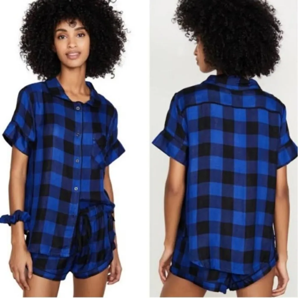 Revolve Plush Pajama Shorts Set M Ultra Soft Plaid Blue Black Lounge Comfy - Image 4
