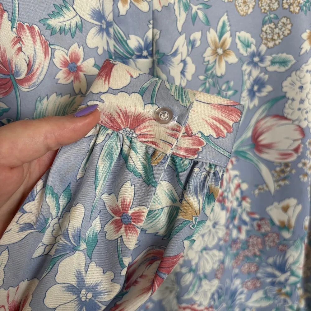 Vtg Pastel Romantic Floral Top Quarter Button Long Sleeve Garden Coastal Grandma Purple Size XL - Image 5