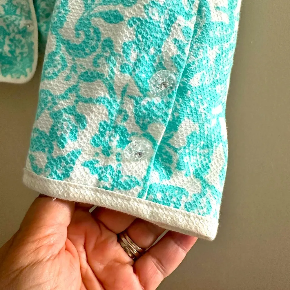 OSCAR VINTAGE OSCAR DE LA RENTA AQUA BLUE WHITE BLAZER JACKET CRYSTAL BUTTONS 8 - Image 6