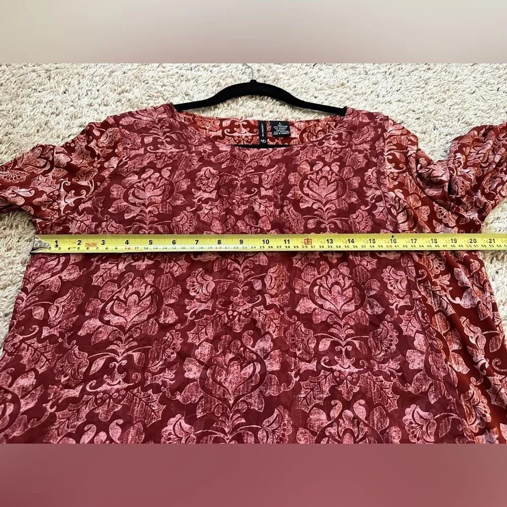New Directions Rust abstract print sheet overlay double layer tunic top Blouse Size L - Image 5