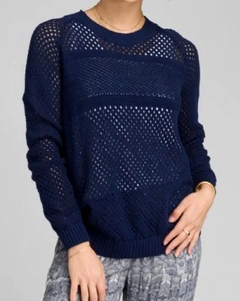 prAna Kokimo Open Knit Crochet Mesh Sheer Sweater Women's XS Navy Blue Y2K Beach - Image 2