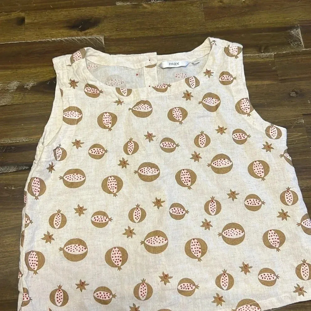 Lagenlook Max Cotton Flex Blend Top Printed Pomegranate Red Button Back Size XS - Image 2