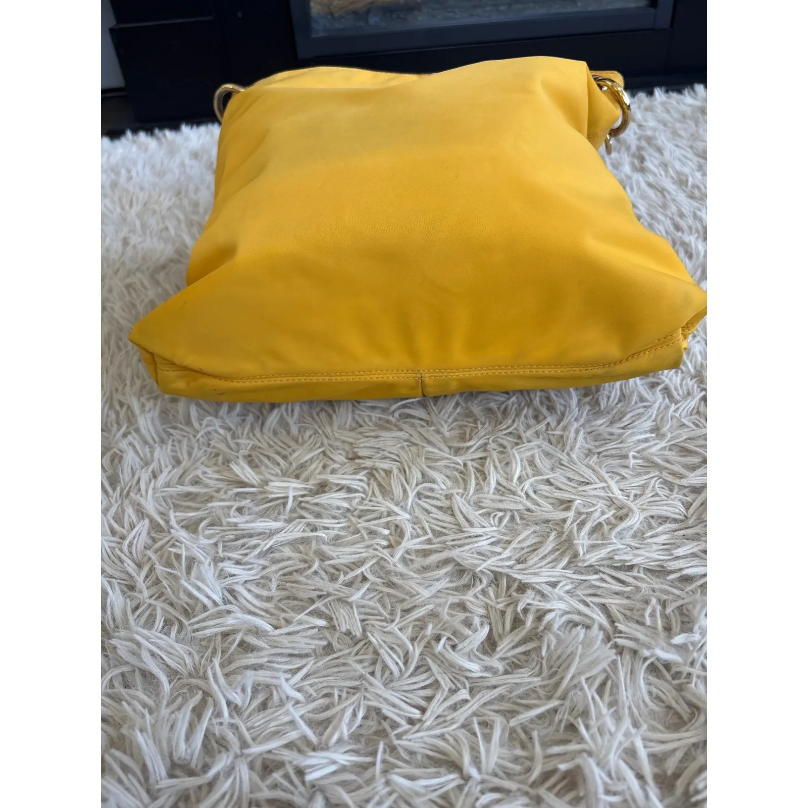 Henri Bendel Yellow Nylon Crossbody Bag with Tan Leather Accents and Lock Charm - Image 6