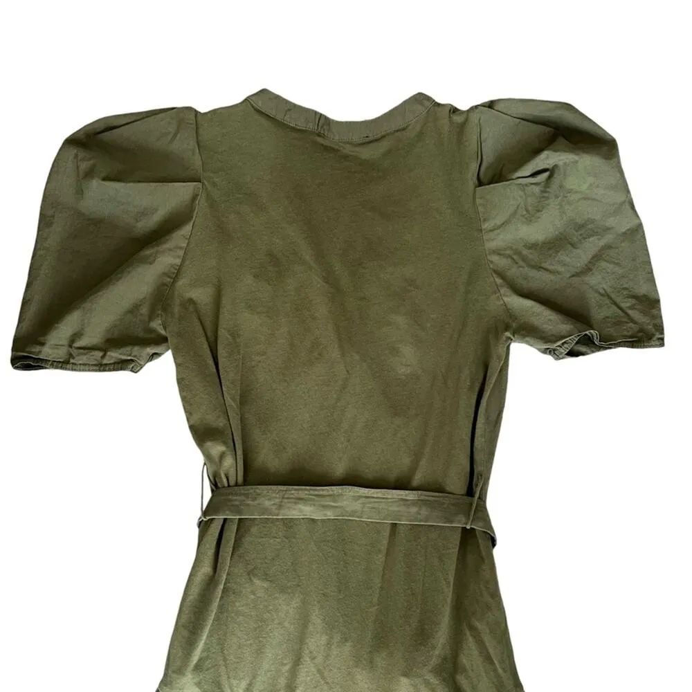 Zara Women’s Puff Short Sleeve Fit And Flare Olive Green Cotton Midi Dress Sz S - Image 6