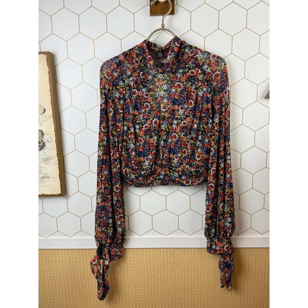 Free People All Dolled Up Black Floral Mesh Crop Top - Size - XS - Image 8